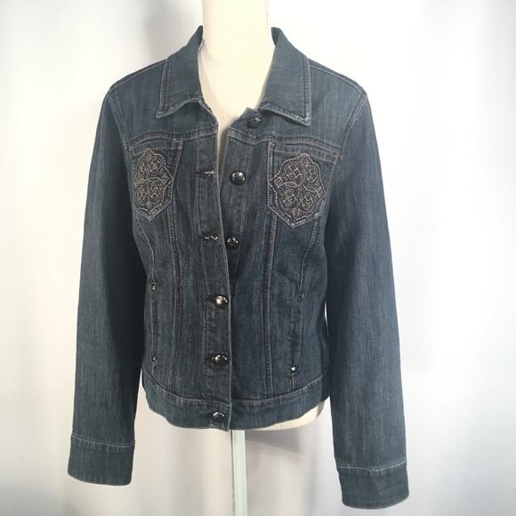 CODE BLEU | Denim Jean Jacket Embroidered Front Pockets side slit pockets Sz M - Picture 7 of 8